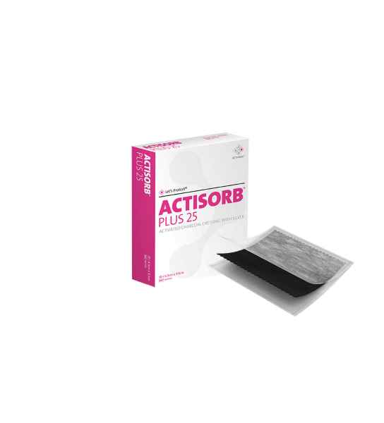 Actisorb Plus 25 Activated Charcoal Dressing with Silver 6.5cm x 9.5cm. Box of 10