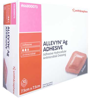 Allevyn Ag Adhesive Border Foam Dressing 7.5cm x 7.5cm. Box of 10