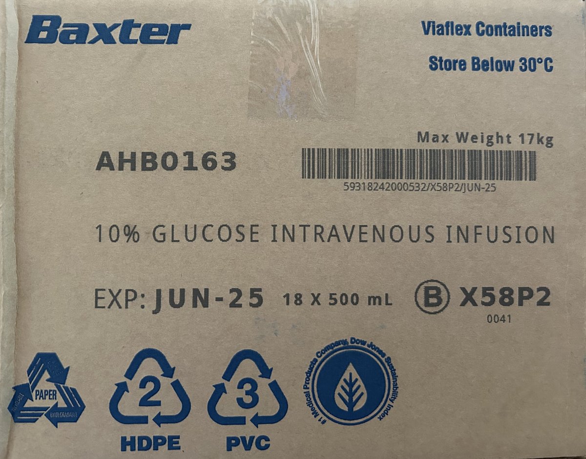 Baxter Glucose 10% Solution for Injection 500mL IV Bag. Carton of 18