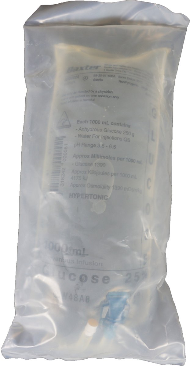 Baxter Glucose 25% Solution for Injection 1000mL IV Bag. Carton of 12