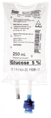 Baxter Glucose 5% Solution for Injection 250mL IV Bag. Carton of 24