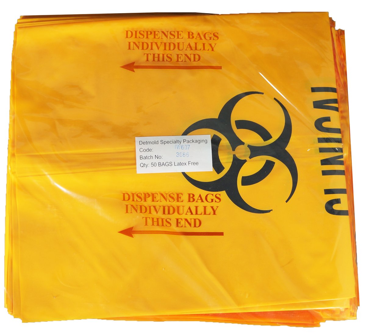 Clinical Contaminated Waste Bag 60L, 925mm x 540mm Yellow. Pack of 50