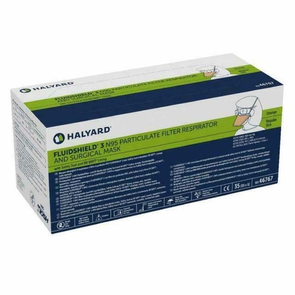 Halyard Fluidshield N95 Particulate Filter Respirator and Surgical Mask - Orange. Box of 35