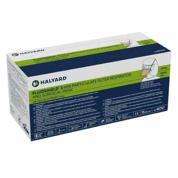 HalyardFluidshieldN95ParticulateFilterRespiratorAndSurgicalMask-OrangeBoxOf35