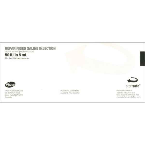 Heparinised Saline 50IU/5mL Injection 50 x 5mL Ampoules *S4*