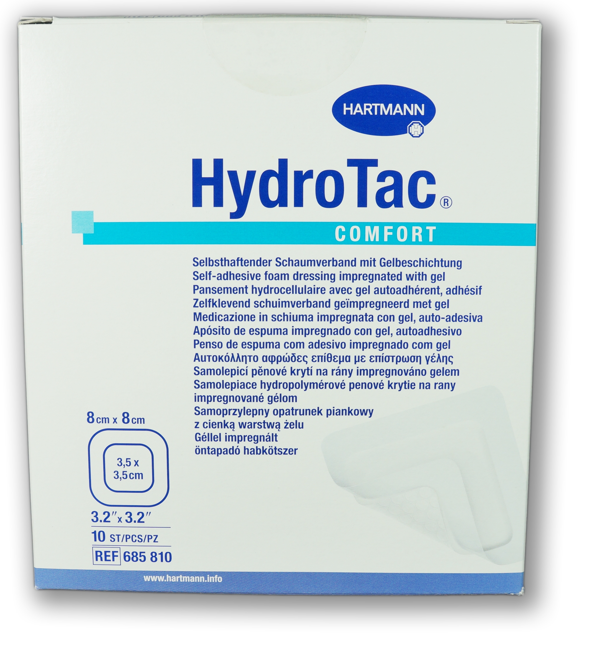 HydroTac Comfort Foam Dressing 8cm x 8cm. Box of 10
