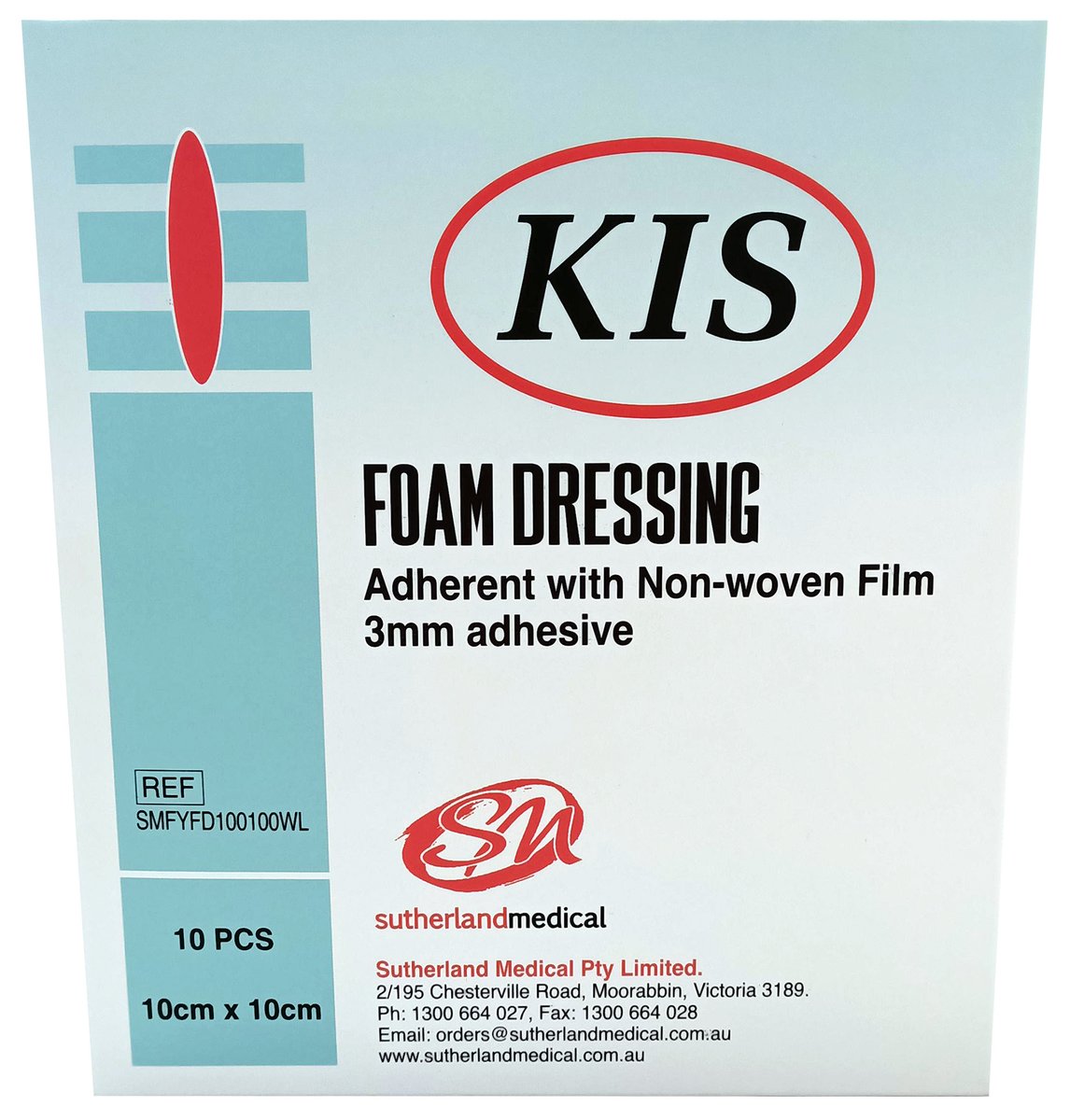 KIS Foam Adhesive Border Dressing 10cm x 10cm, White. Box of 10