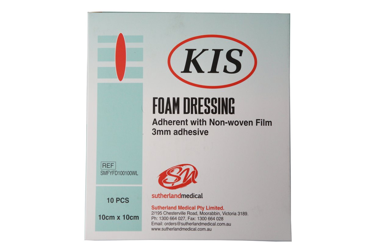 KIS Foam Adhesive Border Dressing 15cm x 15cm, White. Box of 10