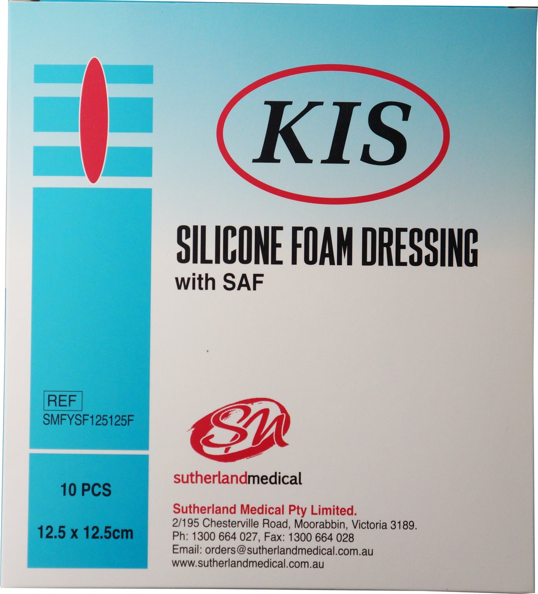 KIS Foam Silicone Adhesive Border Dressing 12.5cm x 12.5cm. Box of 10