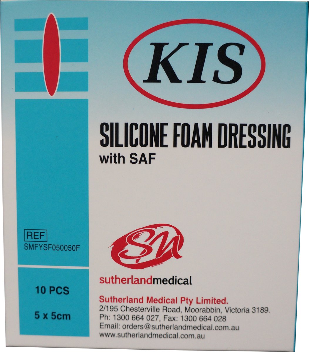 KIS Foam Silicone Adhesive Border Dressing 5cm x 5cm. Box of 10