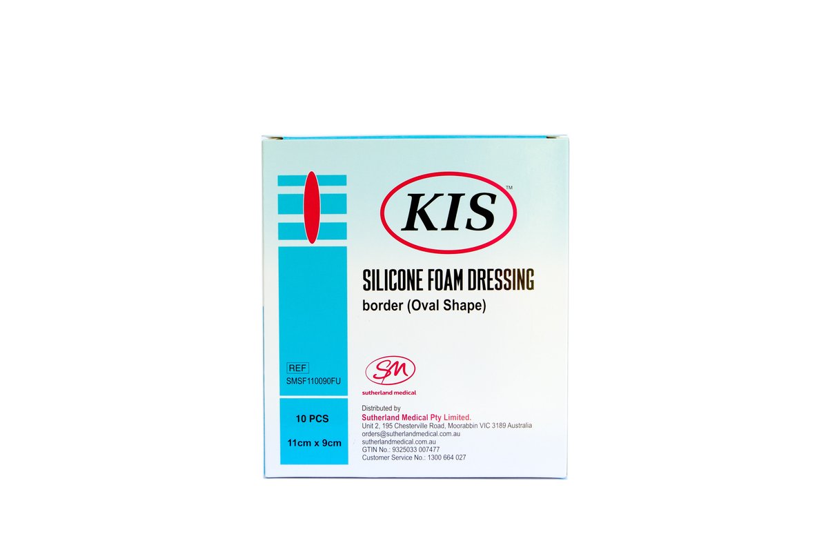 KIS Foam Silicone Adhesive Border Oval Dressing 11cm x 9cm. Box of 10