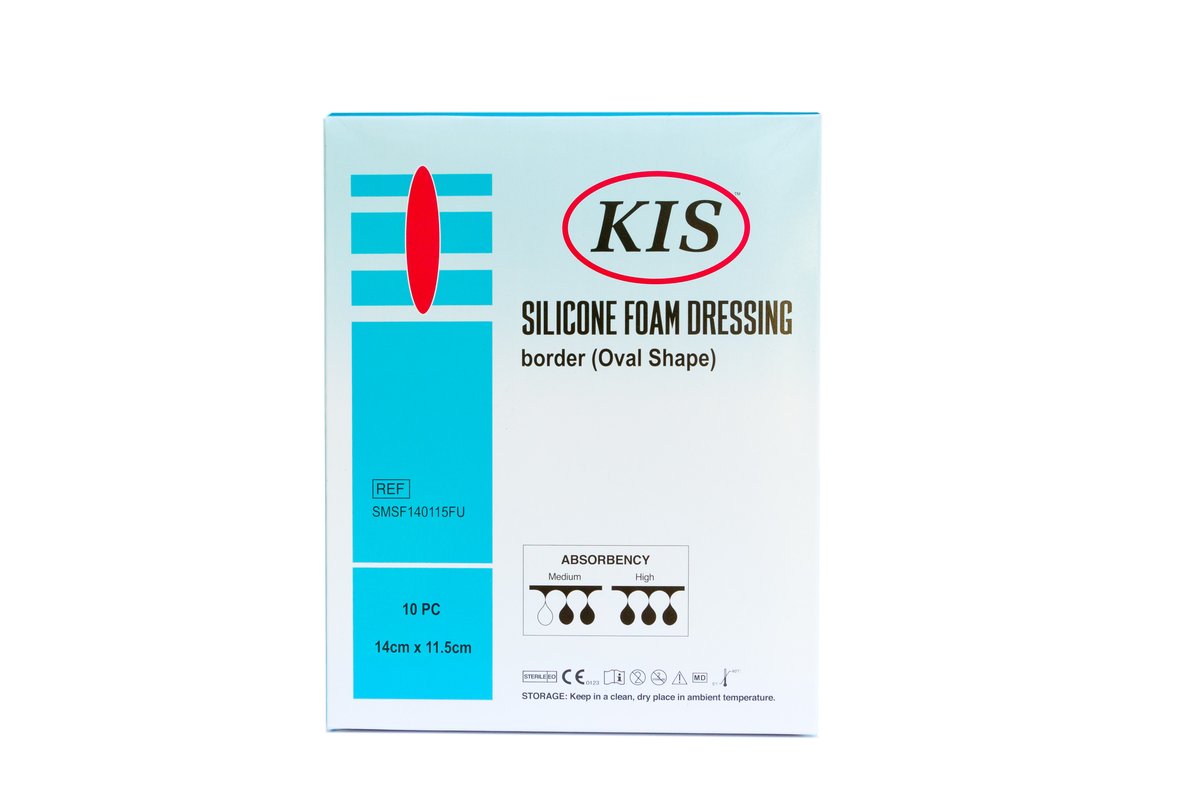 KIS Foam Silicone Adhesive Border Oval Dressing 14cm x 11.5cm. Box of 10