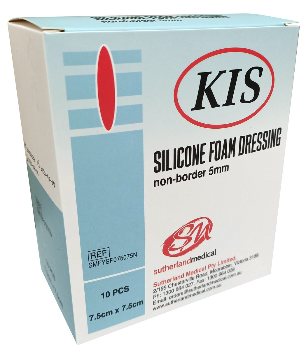 KIS Foam Silicone Adhesive Non-Border Dressing 7.5cm x 7.5cm. Box of 10