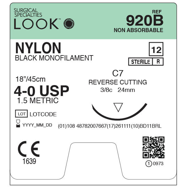 LOOK 4/0 Nylon Suture, 24mm RC,45cm