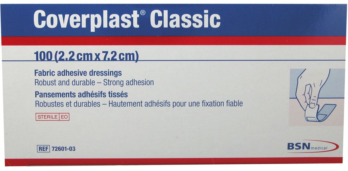 Leukoplast Strong Fabric First Aid Strips Sterile. 72mm x 22mm. Box of 100