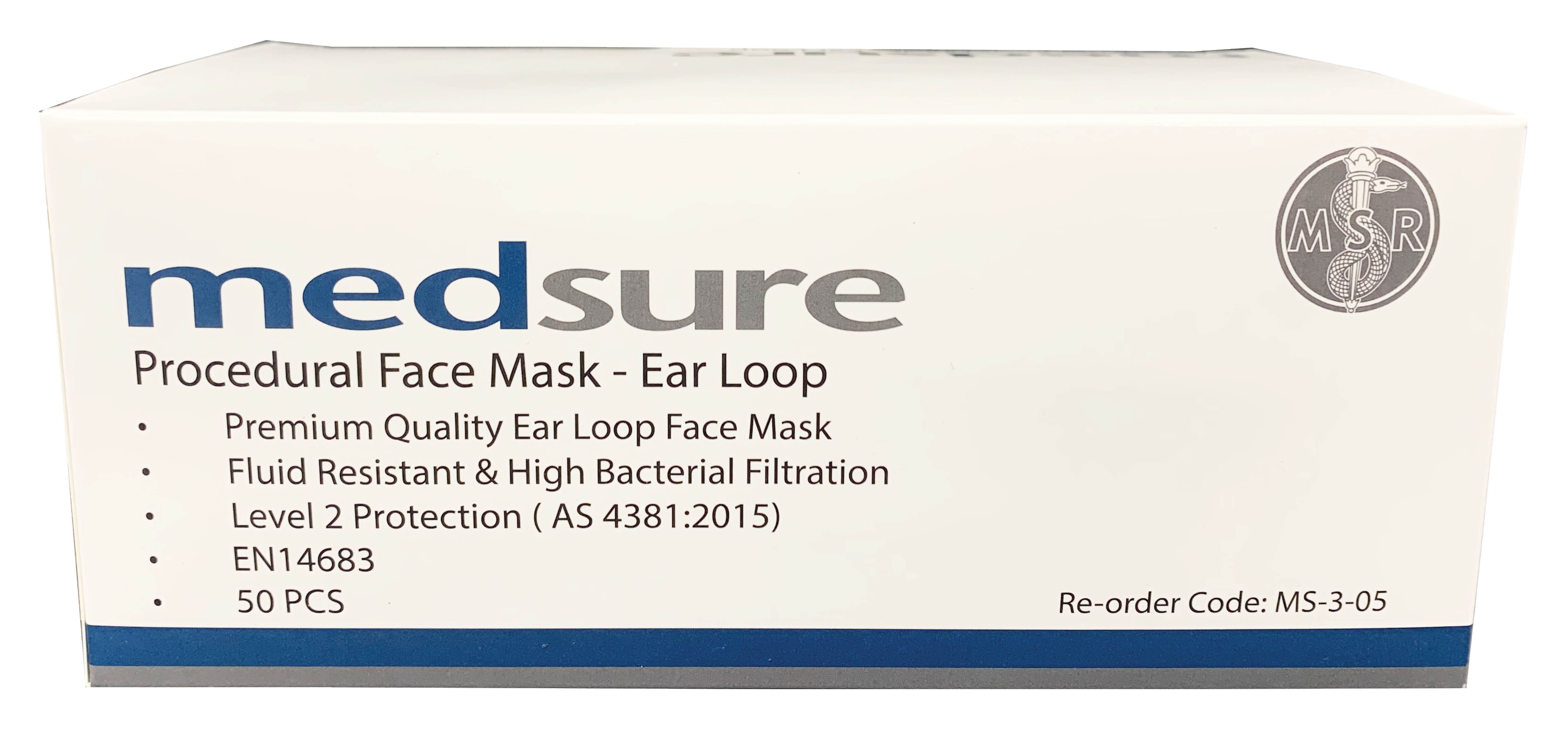 Medsure High Filtration Face Mask with Ear Loops. Box of 50