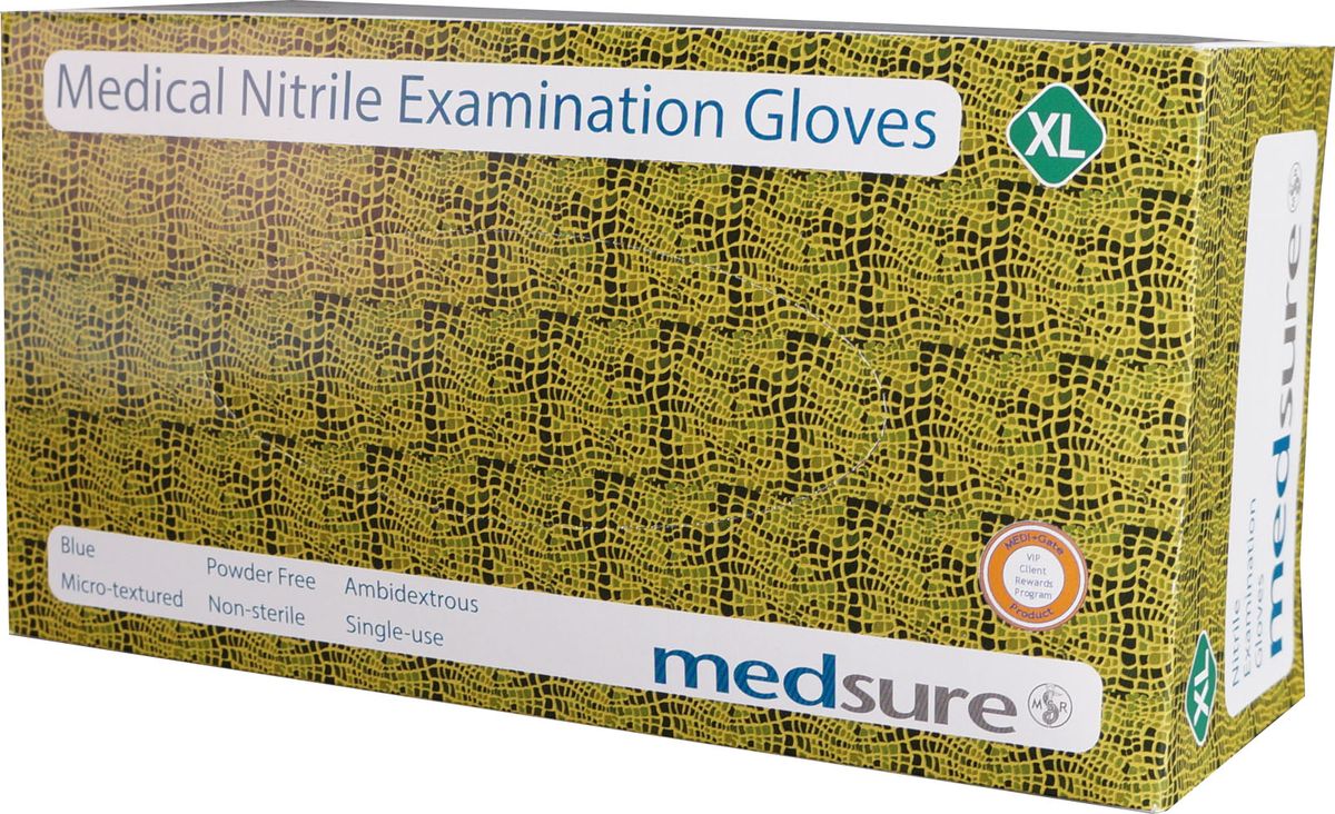  Medsure Nitrile Exam Gloves Blue X-Large P/F. Box of 200