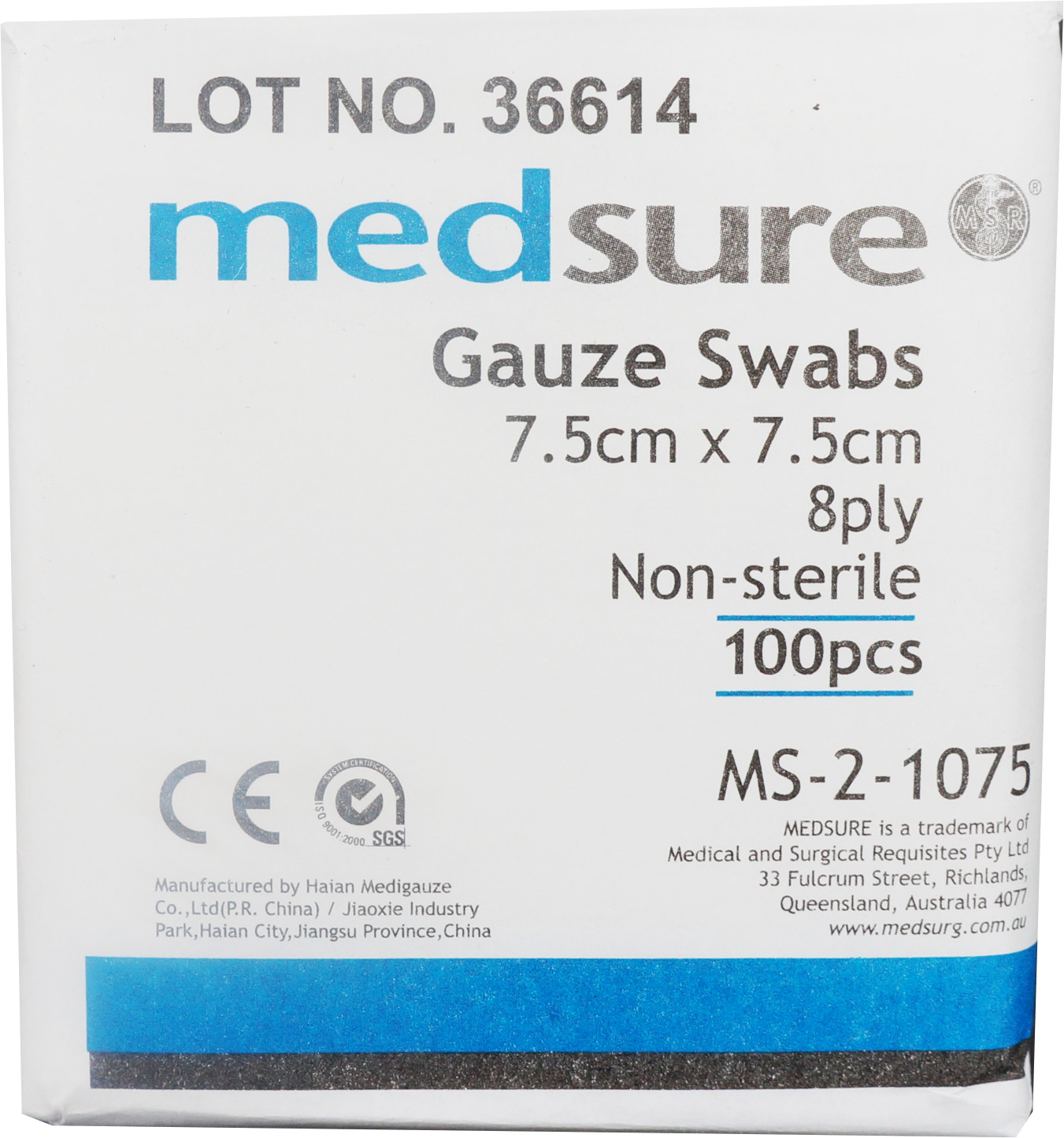 MedsureNon-SterileGauzeSwabs8Ply75CmX75CmPackOf100