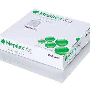 Mepilex Ag Antimicrobial Non-Border Adhesive Foam Dressing 10cm x 10cm. Box of 5