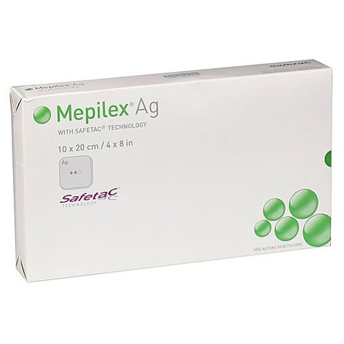 Mepilex Ag Antimicrobial Non-Border Adhesive Foam Dressing 10cm x 20cm. Box of 5