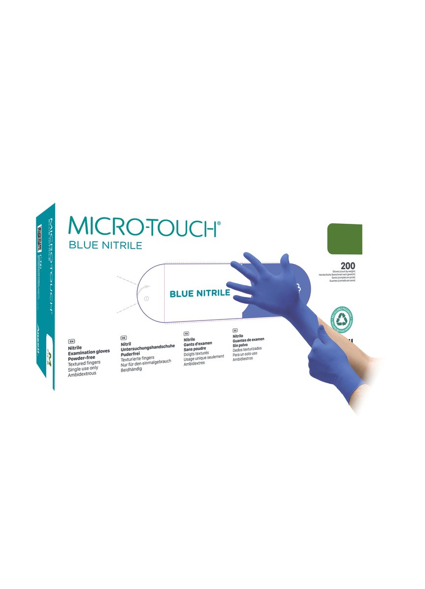 Micro-Touch Blue Nitrile Exam Gloves Medium P/F. Box of 200