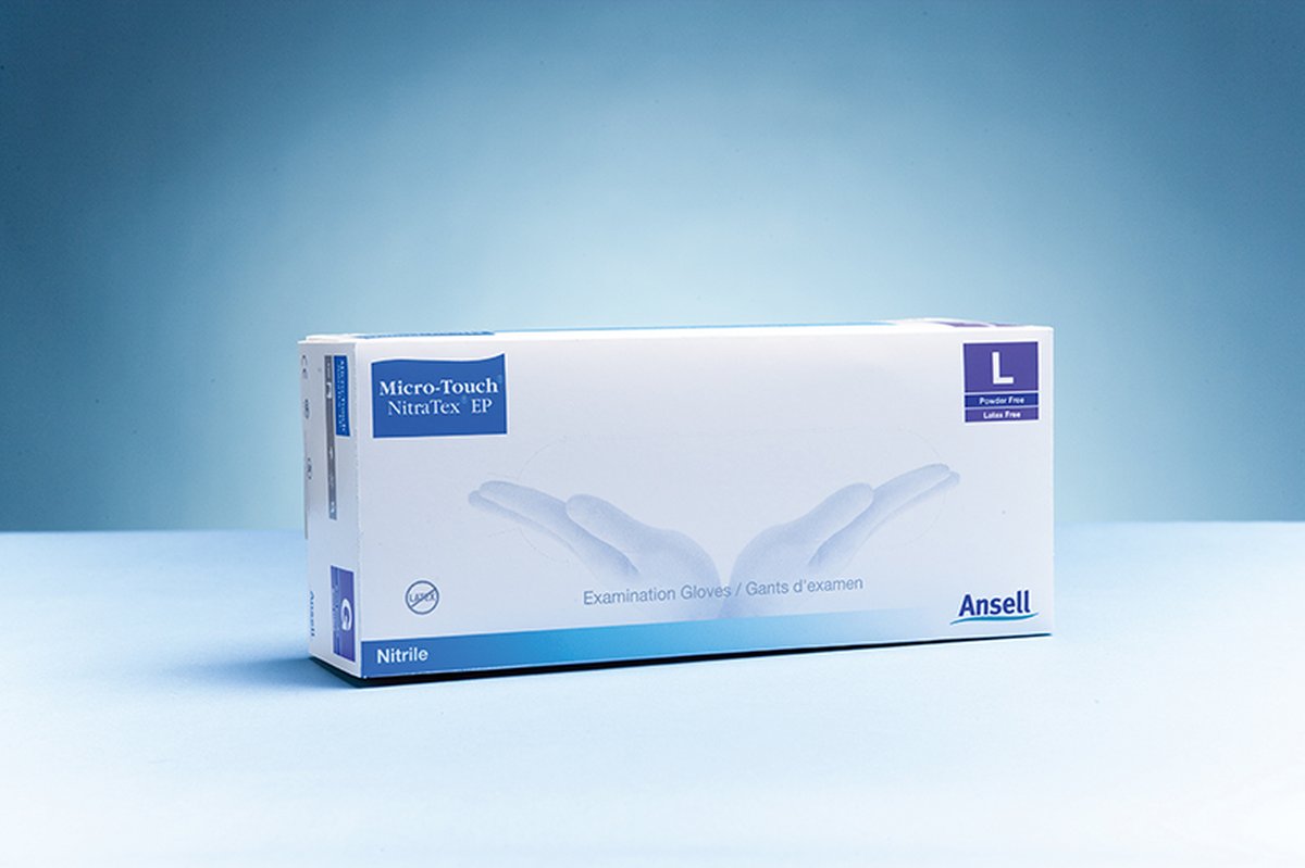 Micro-Touch Nitra-Tex EP Nitrile Exam Gloves Long Cuff Large P/F. Box of 100
