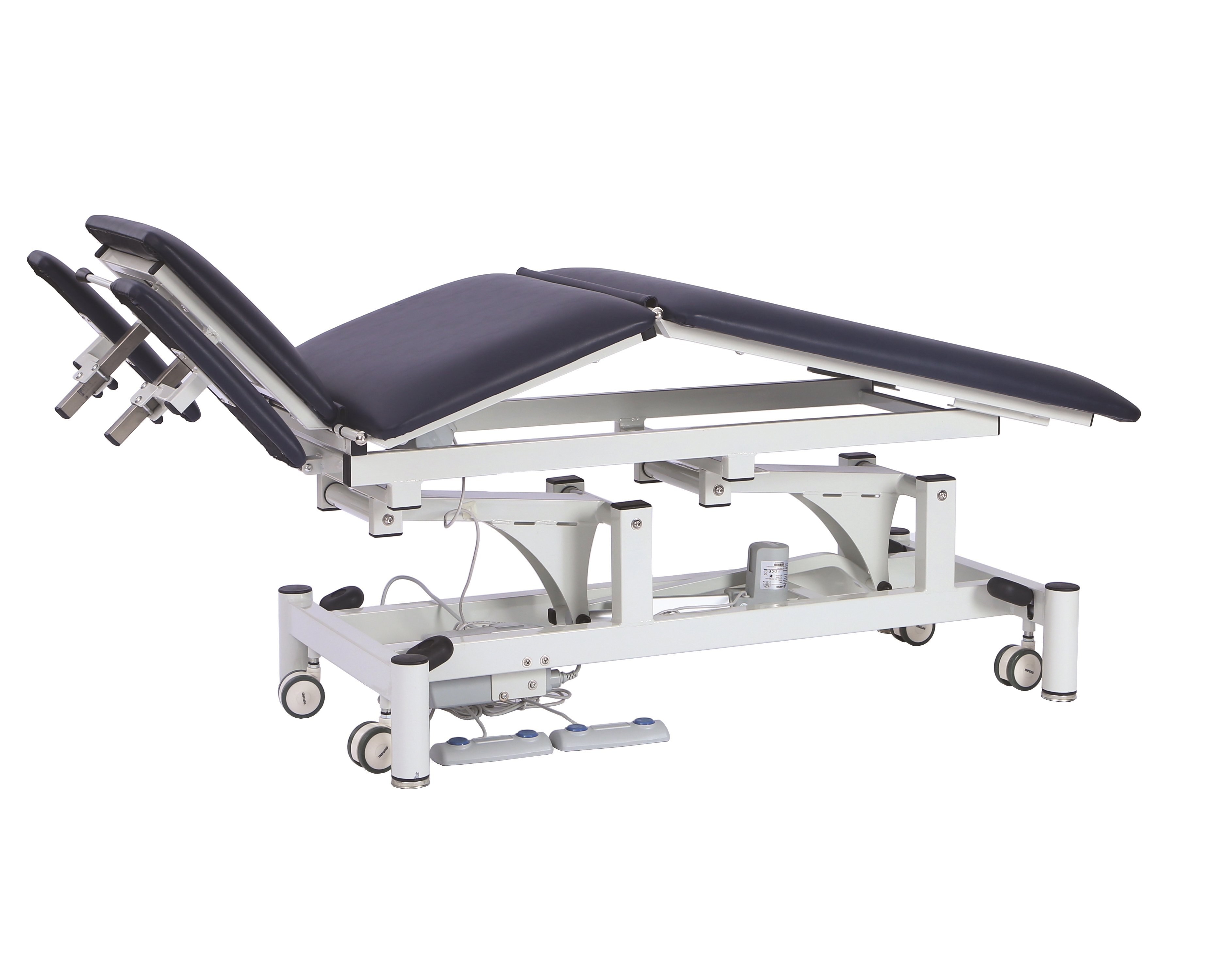 PacificMedical5Section2MotorElectricHi-LoTreatmentTable%2cNavyBlueUpholstery%2c66CmX195Cm%2c250KgSWL%2cRetractableWheels