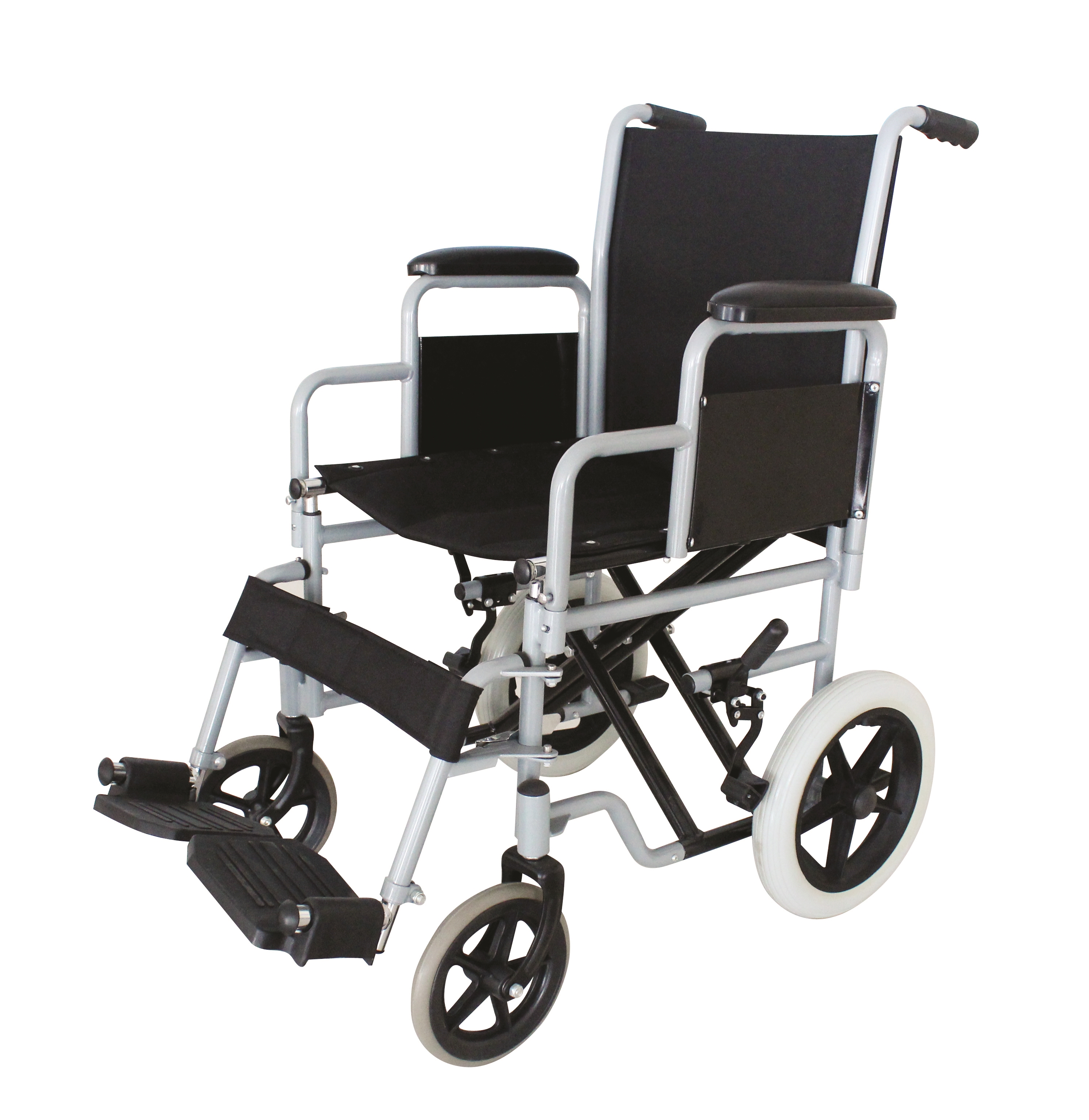 Patient Mover Wheelchair, Powder Coated Black Steel, with 30cm Rear Wheels, Swing Away Foot Rests & Arm Rests, 110kg Capacity