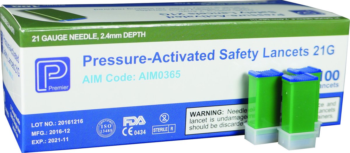 Premier Pressure-Activated Safety Lancet Green 21G x 1.8mm. Box of 100