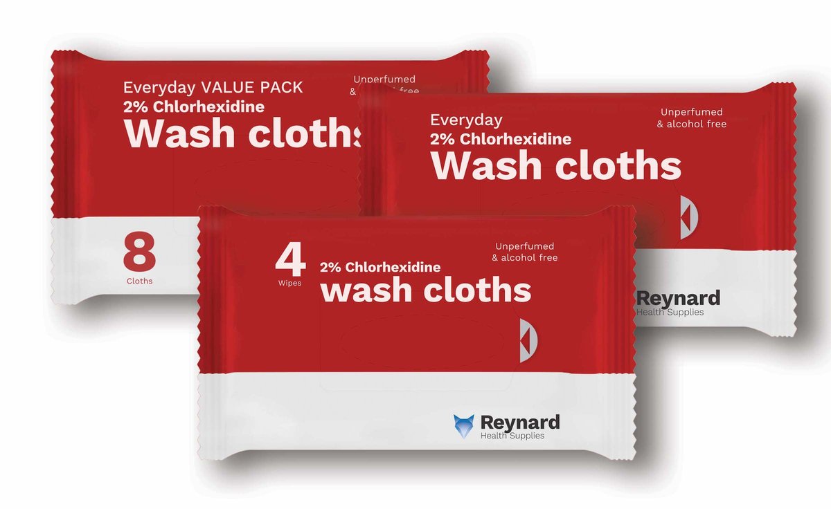 Reynard Chlorhexidine 2% WashCloths. Case of 48 Packs of 4 Wipes