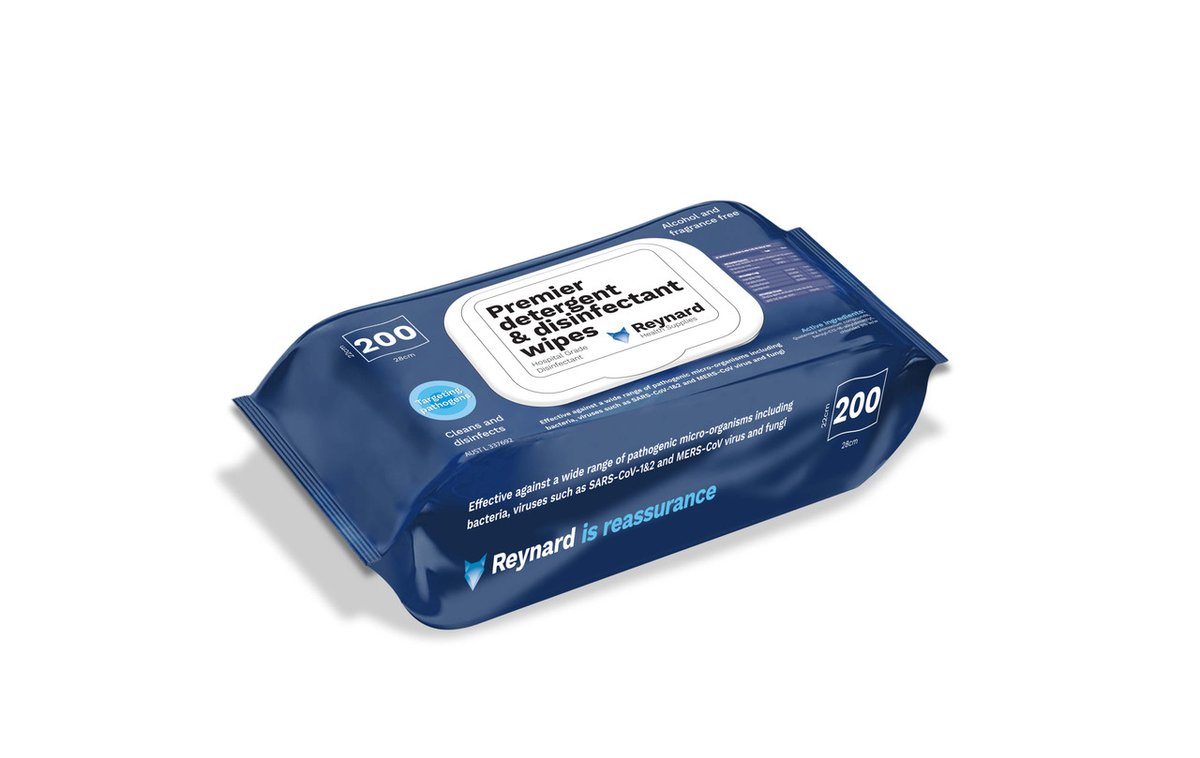 Reynard Premier Detergent & Disinfectant Wipes 33 x 22cm.Flat Pack-200 Wipes
