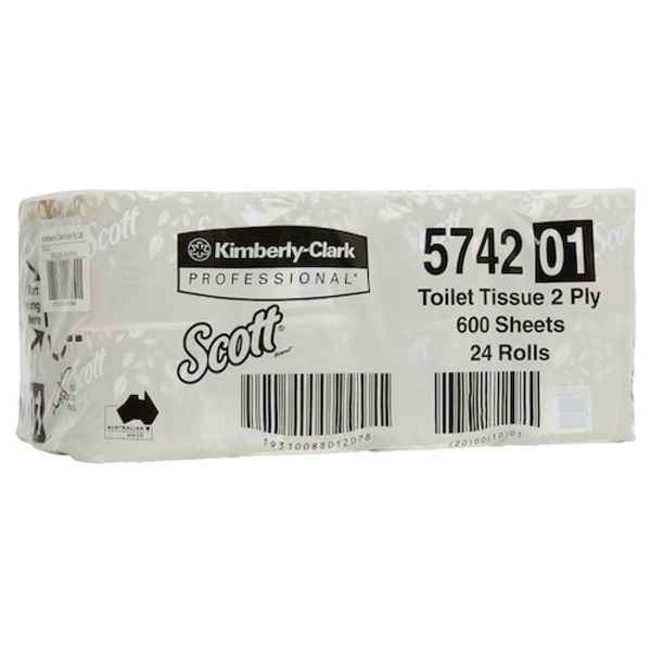 Scott Toilet Tissue Roll 2Ply 10cm x 11cm, 600 Sheets/Roll. Box of 24 Rolls
