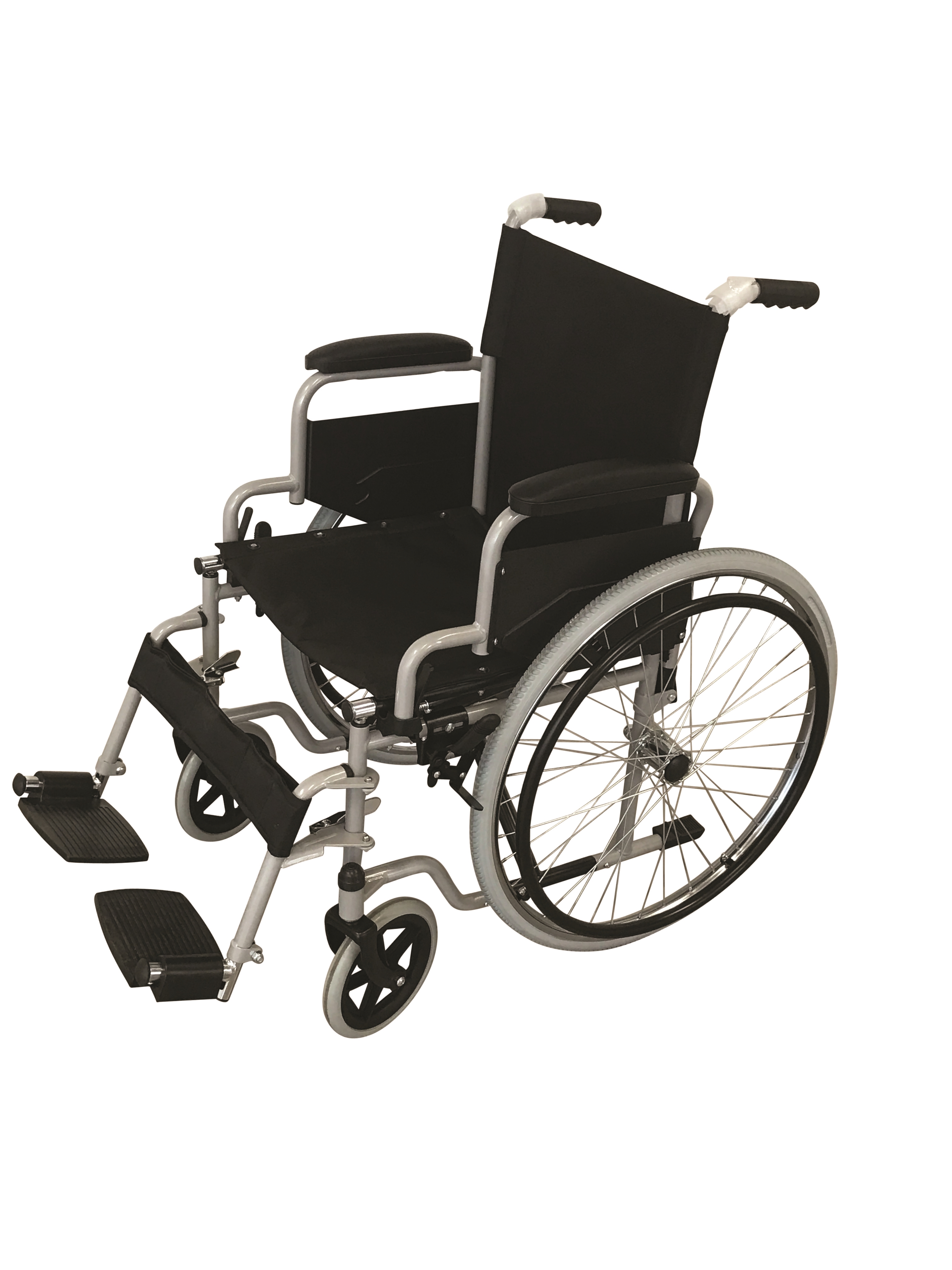 Standard Wheelchair, Powder Coated Black Steel, 60cm Rear Wheels, Swing Away Foot Rests & Arm Rests,110kg Capacity