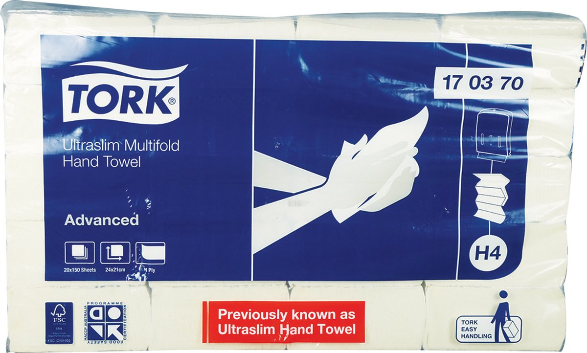 Tork Advanced Ultraslim Interleaved Hand Towel 1ply 24cm x 21cm H4 System . Bale of 20 Packs of 150 Sheets