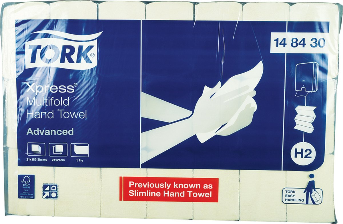 Tork Xpress Advanced Interleaved Slimline Hand Towel 1ply 24cm x 21cm H2 System. 21 Packs of 185