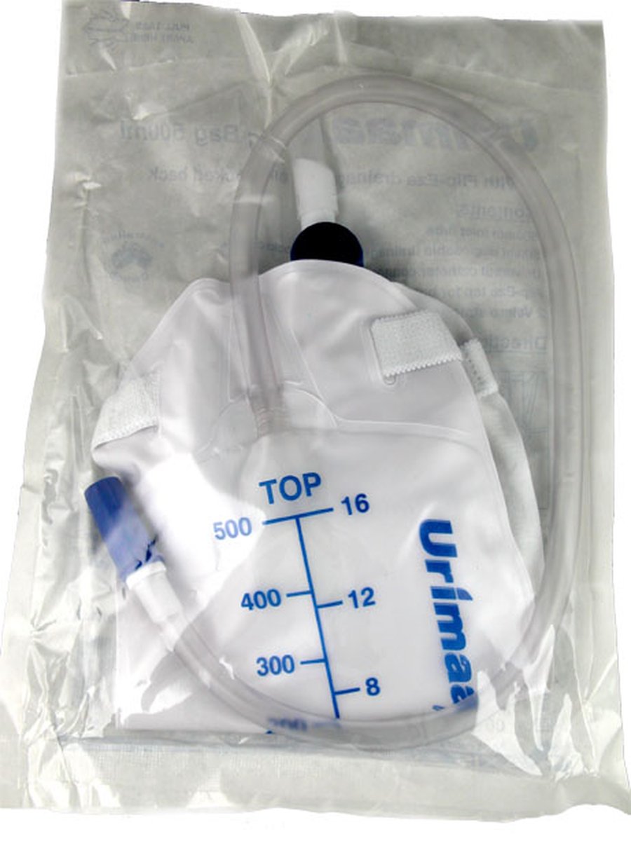 UrimaaX Urine Leg Bag 500ml with 50cm Inlet Tube and Flip-tap Bottom Outlet. Sterile Pack of 20