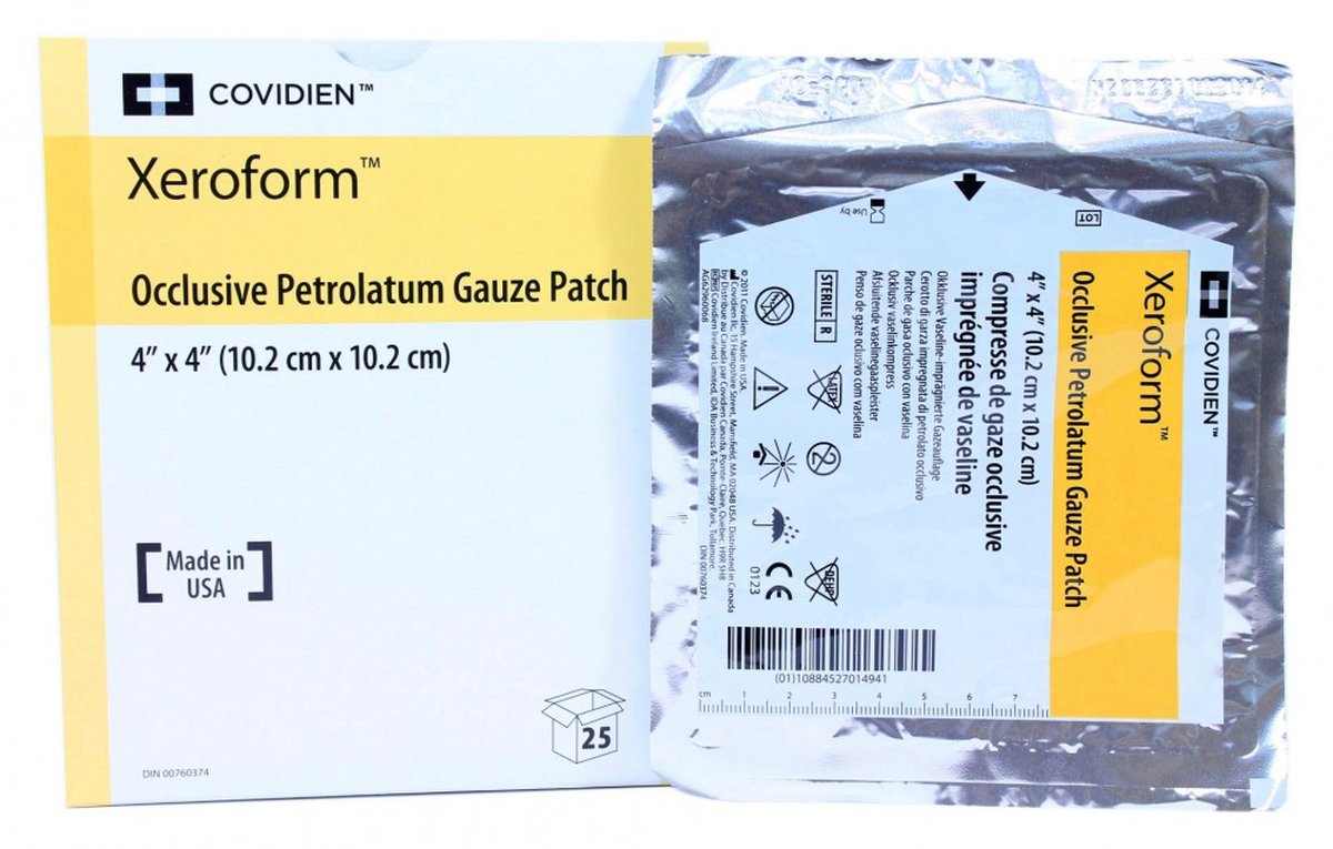 Xeroform Occulsive Petroleum Gauze Patch Dressing 10.2cm x 10.2cm. Box of 25