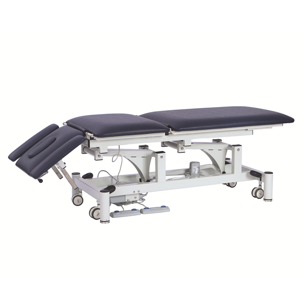 Pacific Medical 5 Section/1 Motor Electric Hi-Lo Treatment Table, Navy Blue Upholstery, 66cm x 195cm 250kg SWL, Retractable Wheels