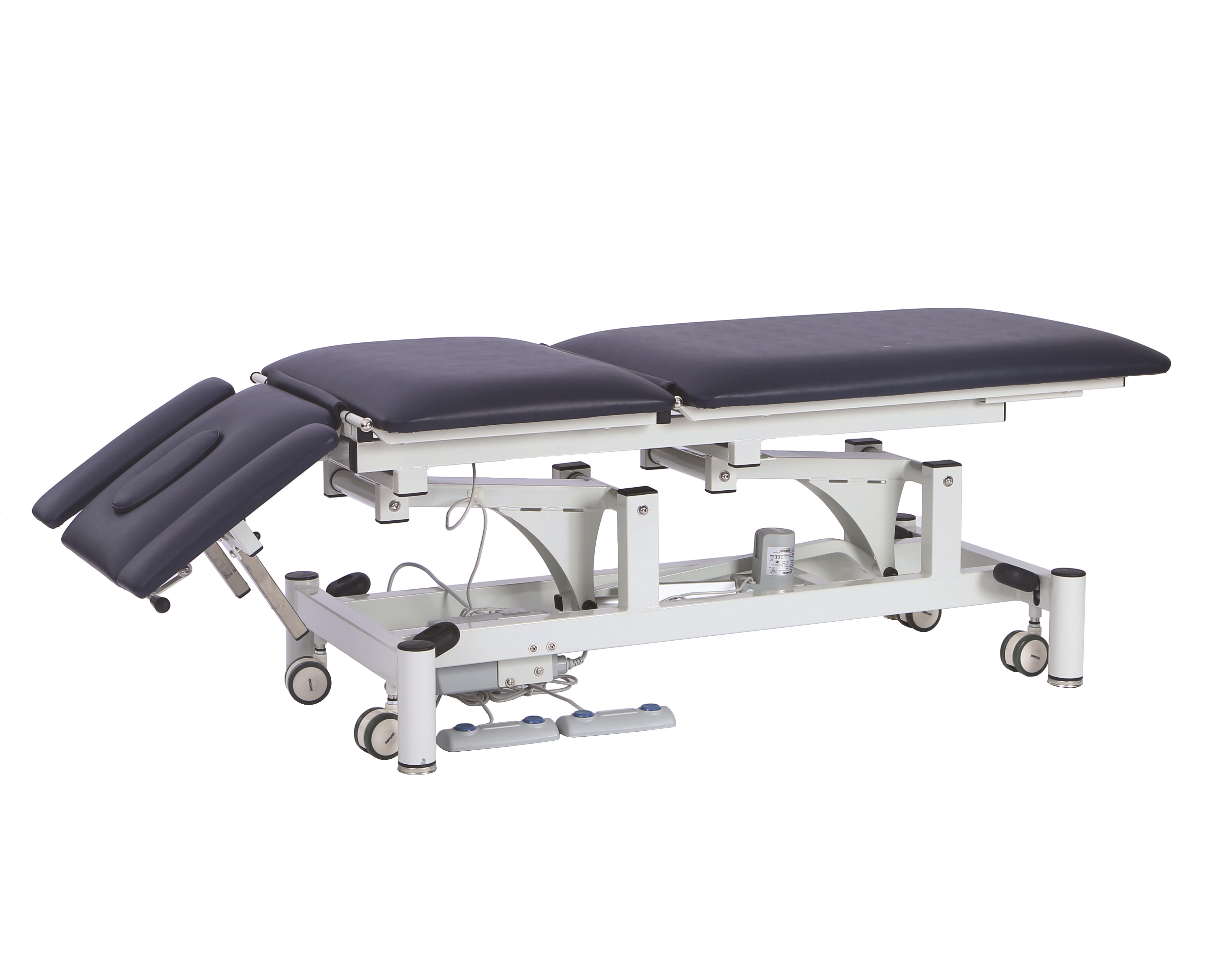 Pacific Medical 5 Section/1 Motor Electric Hi-Lo Treatment Table, Navy Blue Upholstery, 66cm x 195cm 250kg SWL, Retractable Wheels