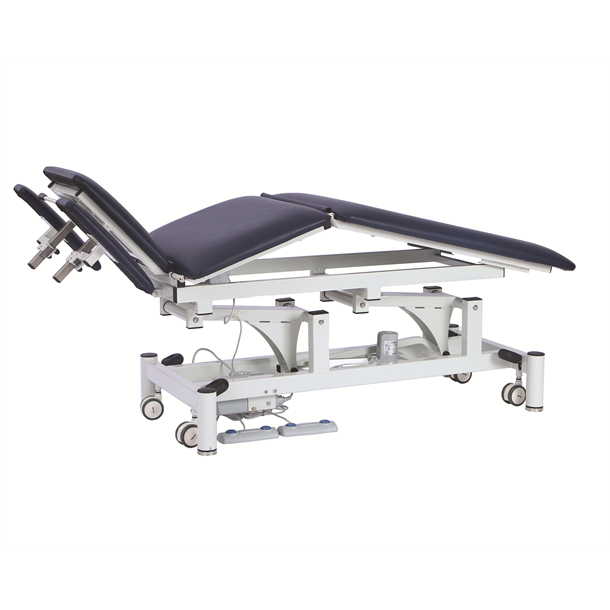 Pacific Medical 5 Section/ 2 Motor Electric Hi-Lo Treatment Table, Navy Blue Upholstery, 66cm x 195cm, 250kg SWL, Retractable Wheels