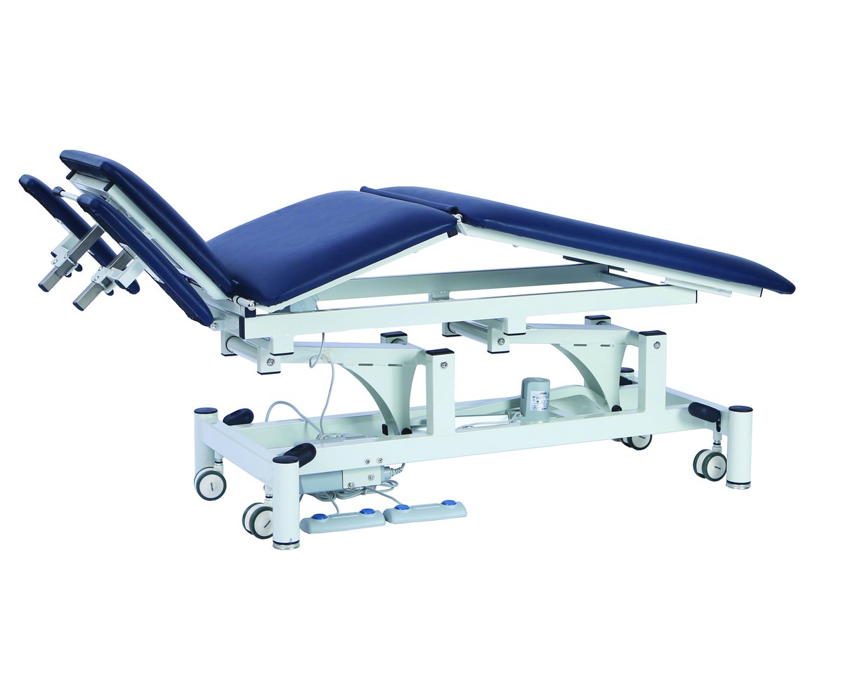 Pacific Medical 5 Section/ 2 Motor Electric Hi-Lo Treatment Table, Navy Blue Upholstery, 66cm x 195cm, 250kg SWL, Retractable Wheels