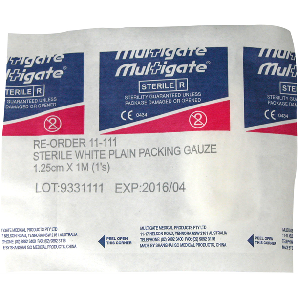Packing Gauze 1.25cm x 1m. Sterile, Individually Packed. Box of 100