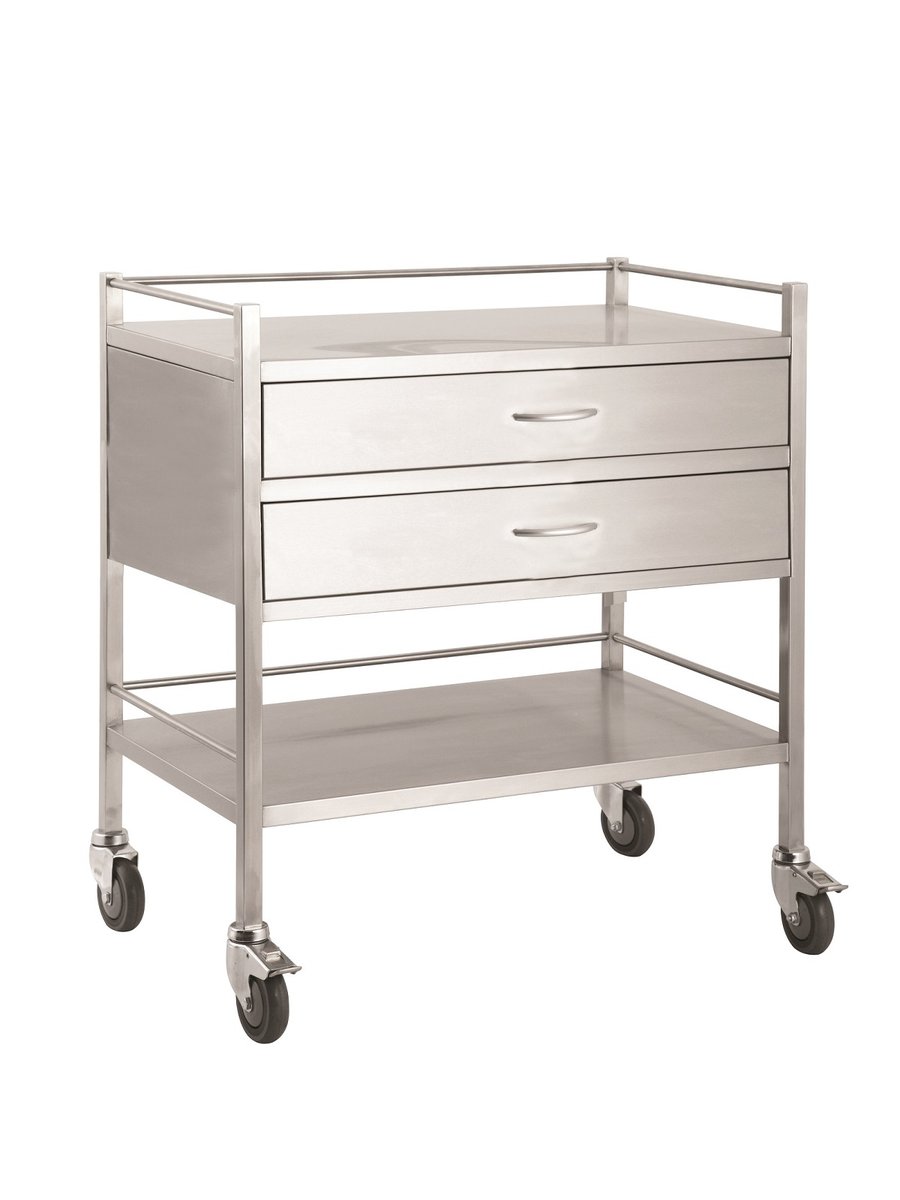PacMed Instrument Trolley St/Sl 80 x 50 x90cm,2 Full Width Drawers, Top/Bottom Shelves, 2 Locking Wheels