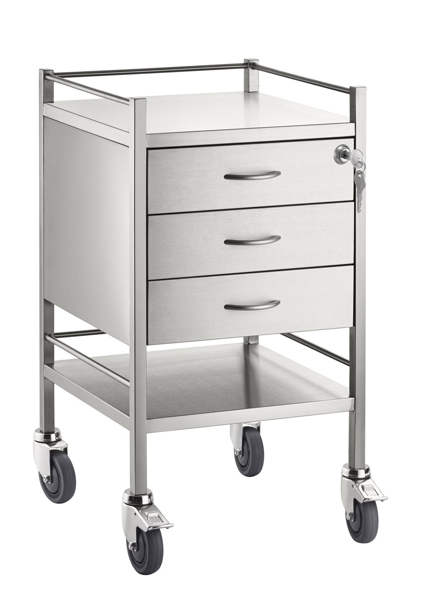 PacMed St/Sl Instrument Trolley 3 Drawer, Lockable Top Drawer, 50cm x 50 x 90cm, Locking Front Wheels