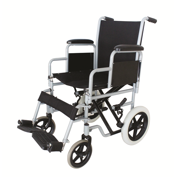 Patient Mover Wheelchair, Powder Coated Black Steel, with 30cm Rear Wheels, Swing Away Foot Rests & Arm Rests, 110kg Capacity
