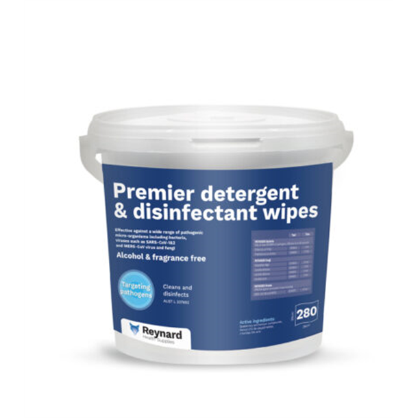 Reynard Premier Detergent & Disinfectant Wipes 25 x 28cm.Tub of 280 wipes (Alcohol & Chlorine Free)