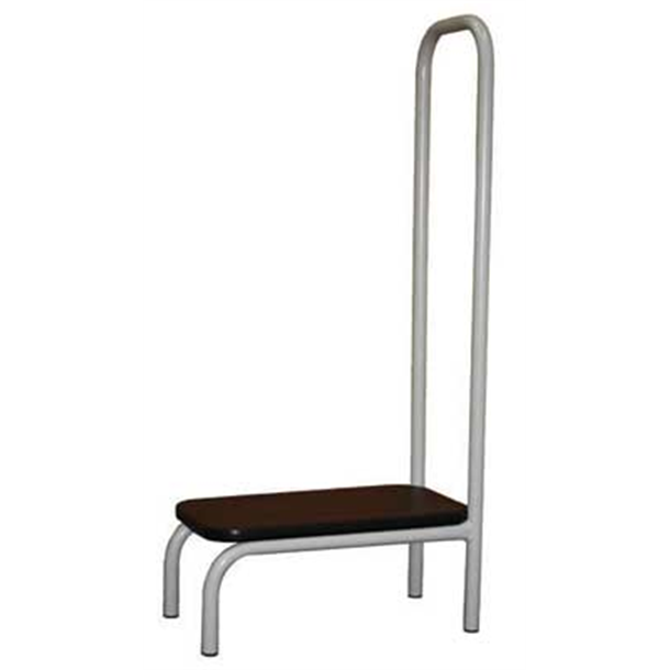 Single Step Stool with Hand Rail. Black Top and Grey Powder Coated Frame