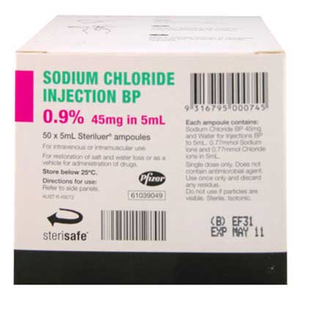 Sodium Chloride 0.9% 45mg 50 x 5ml Steri-Amps For Injection