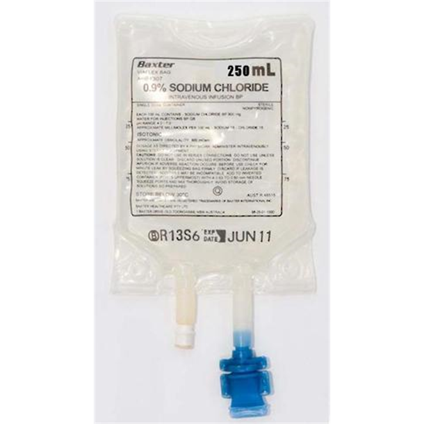 Sodium Chloride 0.9% IV Bag 250ml for Injection. Single Bag