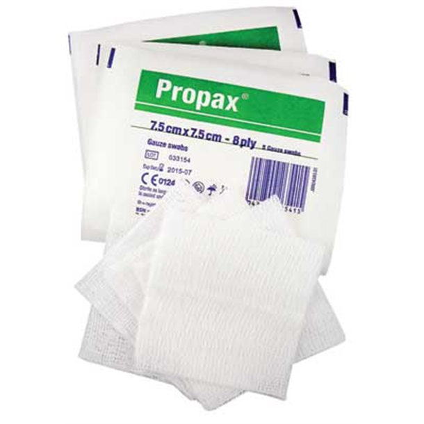 Sterile Propax Gauze Swabs 8ply 7.5cm x 7.5cm. 150 Packs of 5 in Dispenser Box